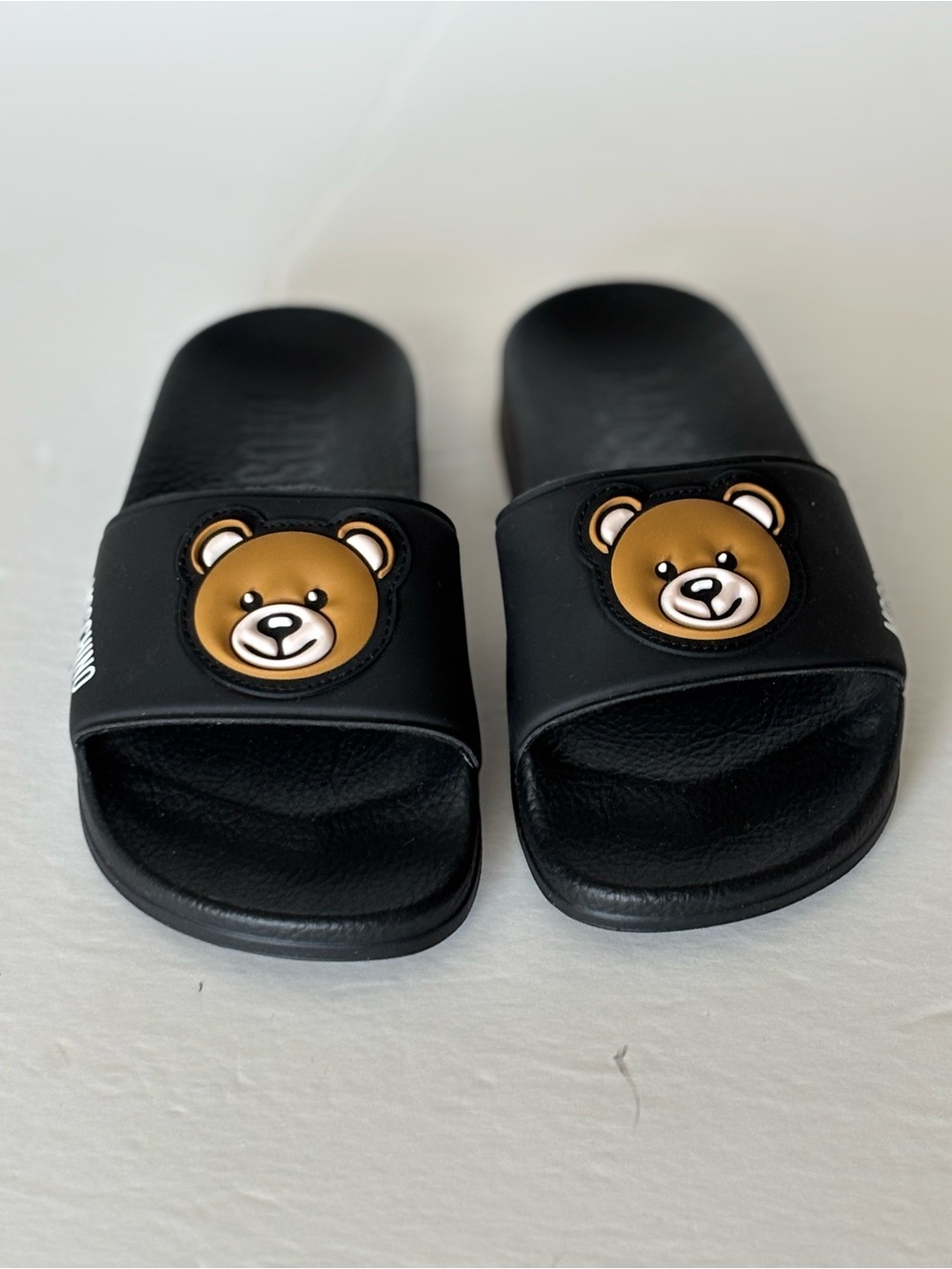 Moschino Black Kids Slide Sandals with Brown Bear Motif